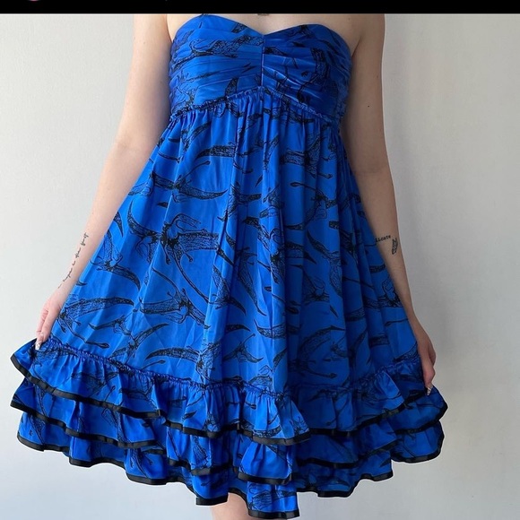 Betsey Johnson cobalt blue Pterodactyl strapless baby doll ruched dress 6 S/M
